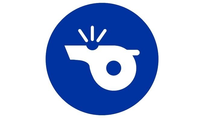 Blue circular icon of a whistle, representing alerts, safety or sports officiating.